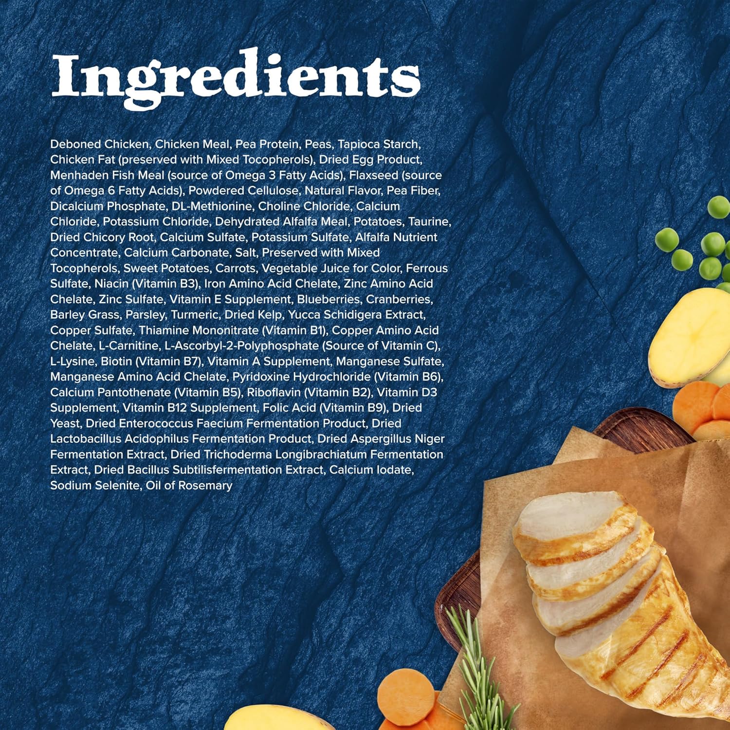 Blue Wilderness Blue Buffalo high-protein, grain-free dog food bag with images of natural ingredients and a blue and green packaging design.