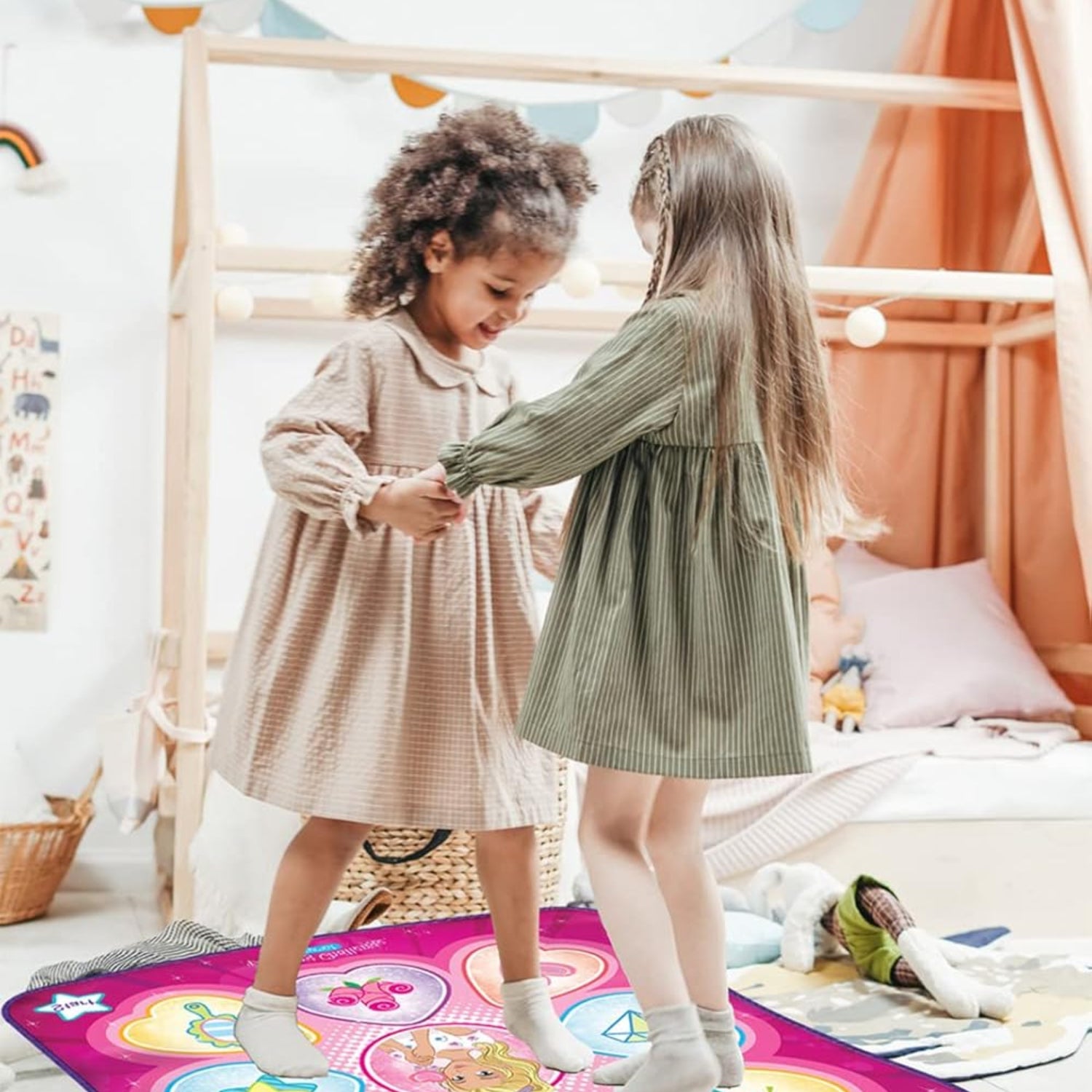 SUNLIN Dance Mat with LED lights, rhythm step play mat for dance game, colorful puzzle-style stepping tiles on a black background.
