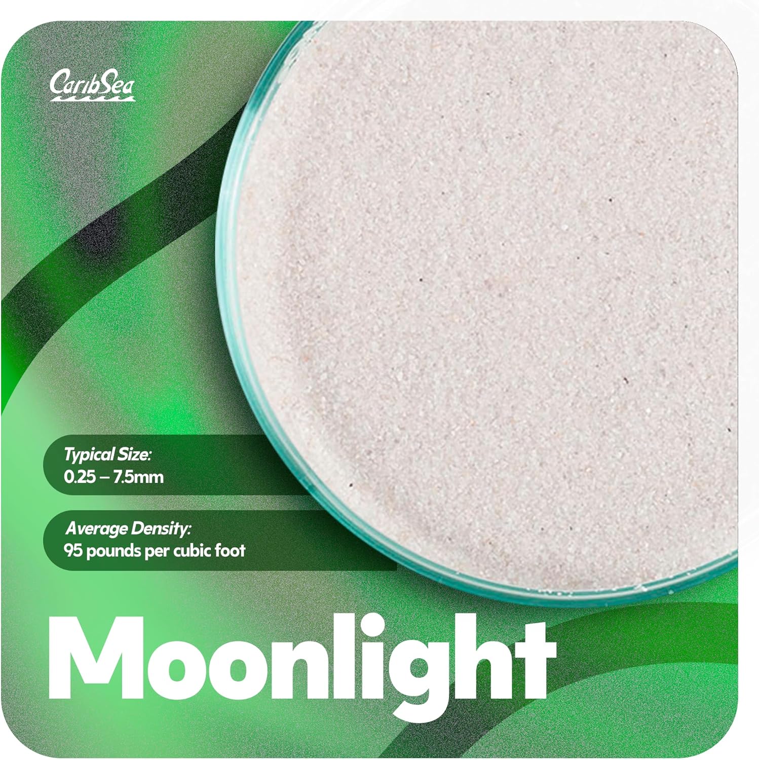 Carib Sea Super Natural Moonlight Sand for aquarium, 5 lb bag, showing white and light gray natural sand textured for aquatic tanks.