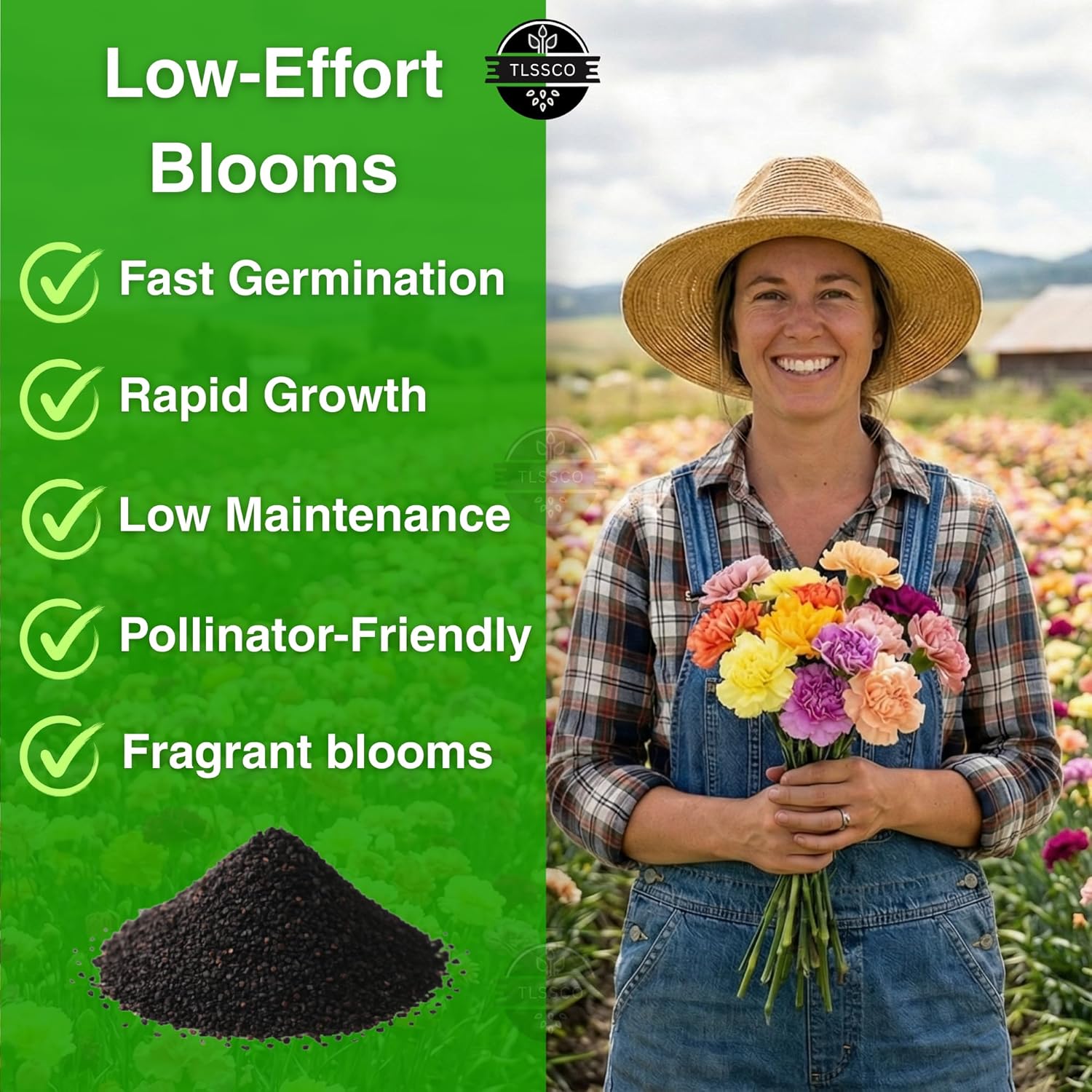 Woman holding flowers with TLSCO branding and product features listed on a green background