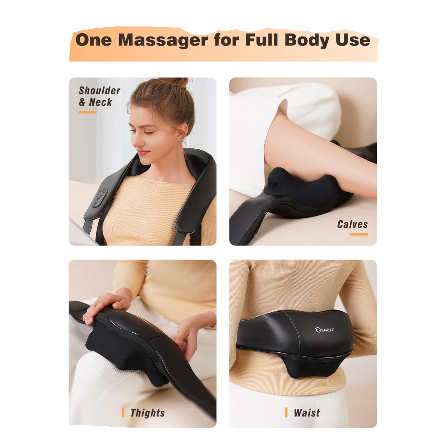 KNQZE cordless neck and shoulder massager with heat, showing the compact device placed on a person's neck and shoulders.