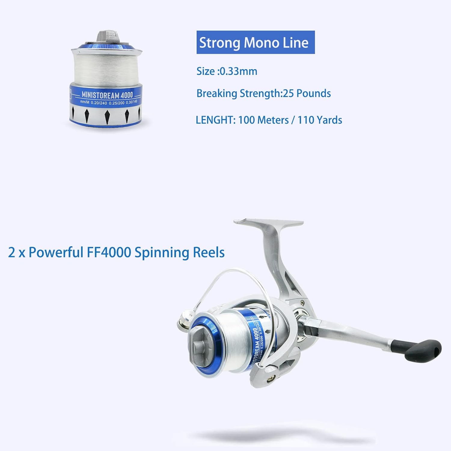 Ministoream fishing pole combo set with two 2.1m collapsible rods and two spinning reels, ideal for freshwater fishing.