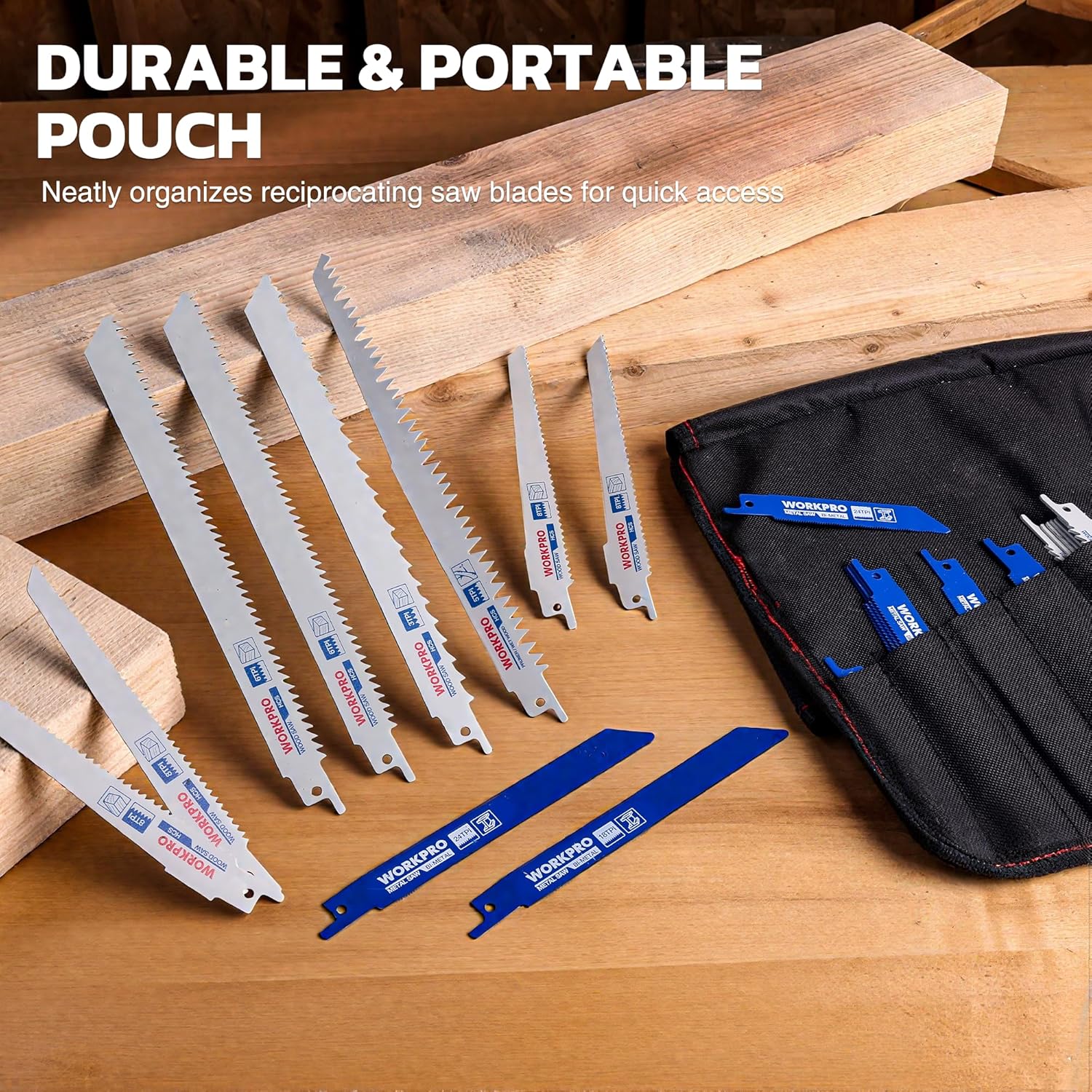 WORKPRO 32-piece reciprocating saw blade set with metal and woodcutting blades, including pruner saw blades, for versatile cutting tasks.