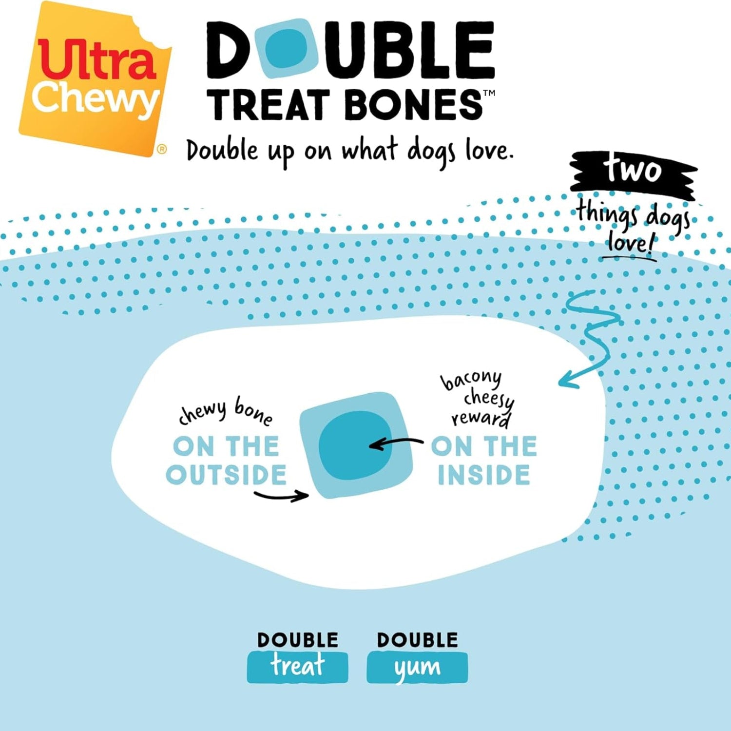 Ultra Chewy bacon and cheese dog treat bones, long-lasting double treat made in the USA, designed for dogs.