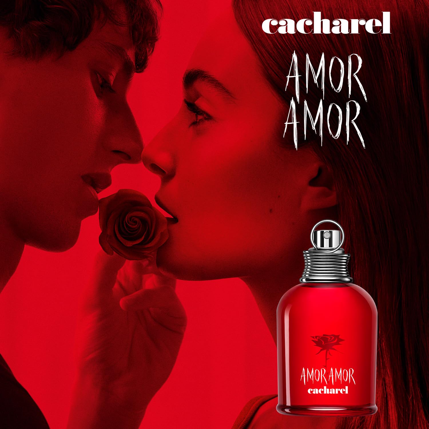 Elefair Cacharel Amor Amor Eau de Toilette for women featuring fruity scent with vanilla notes, displayed in a sleek perfume bottle.
