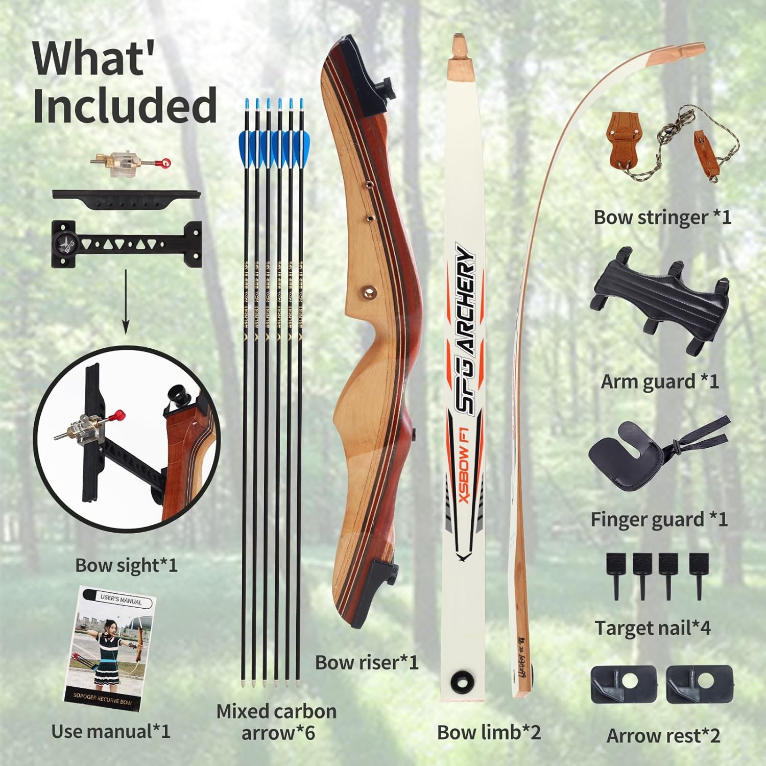 SOPOGER 54" archery set with takedown recurve bow, wood longbow, and practice arrows for adults, teens, and youth outdoor shooting.