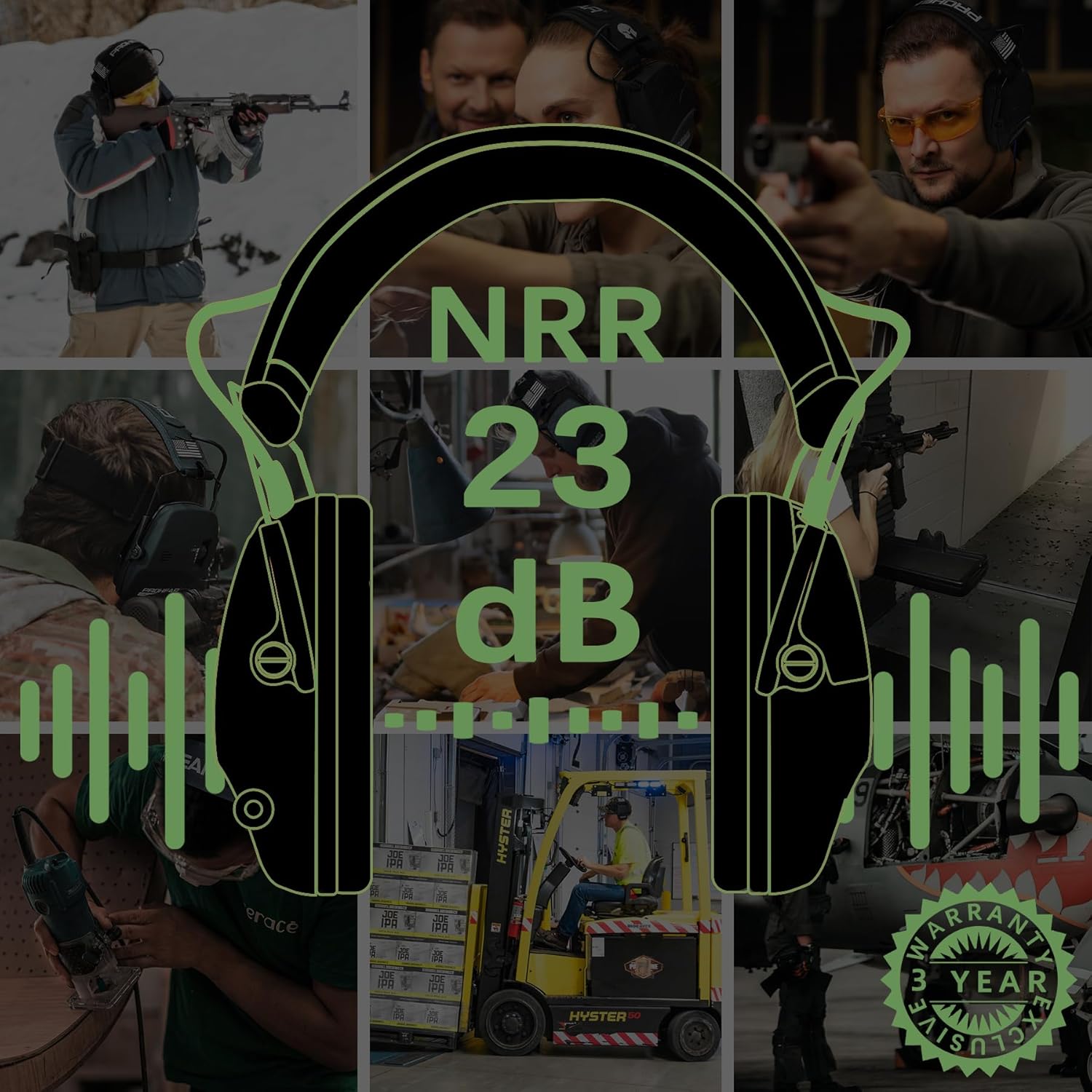 PROHEAR electronic ear protection for shooting with 4x sound amplification, showing the ear muffs and control panel