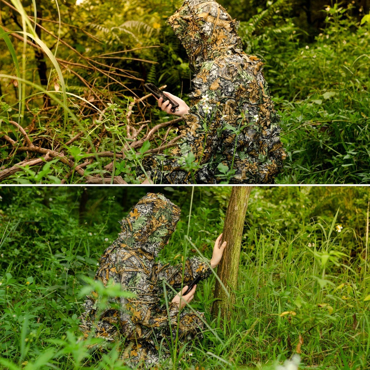 EAmber ghillie suit with leafy green camouflage and 3D leaf pattern, designed for hunting and outdoor concealment.