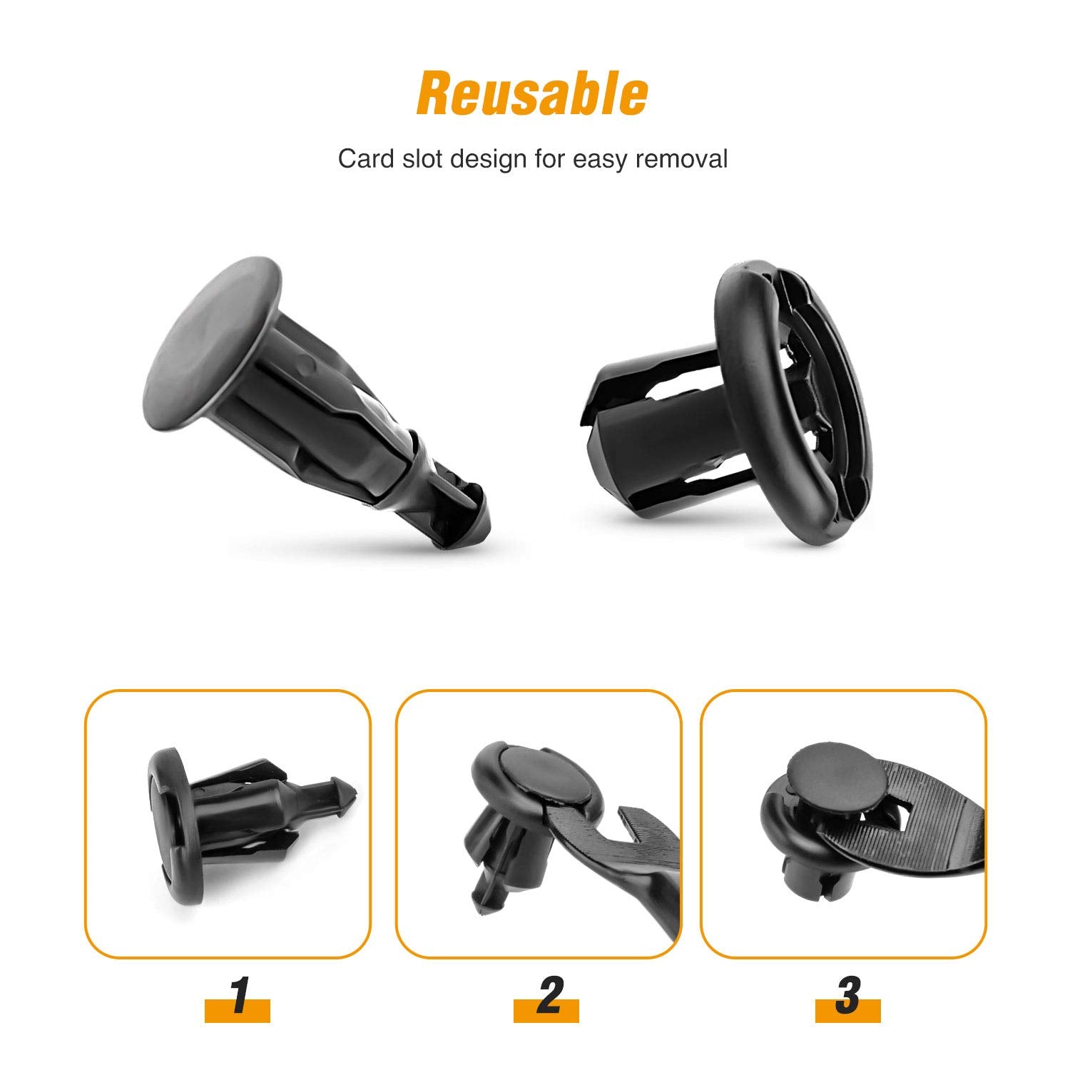 Set of 40 GOOACC GRC-08 Honda and Acura Fender Clips, 10mm size, shown in black with multiple clips stacked together.