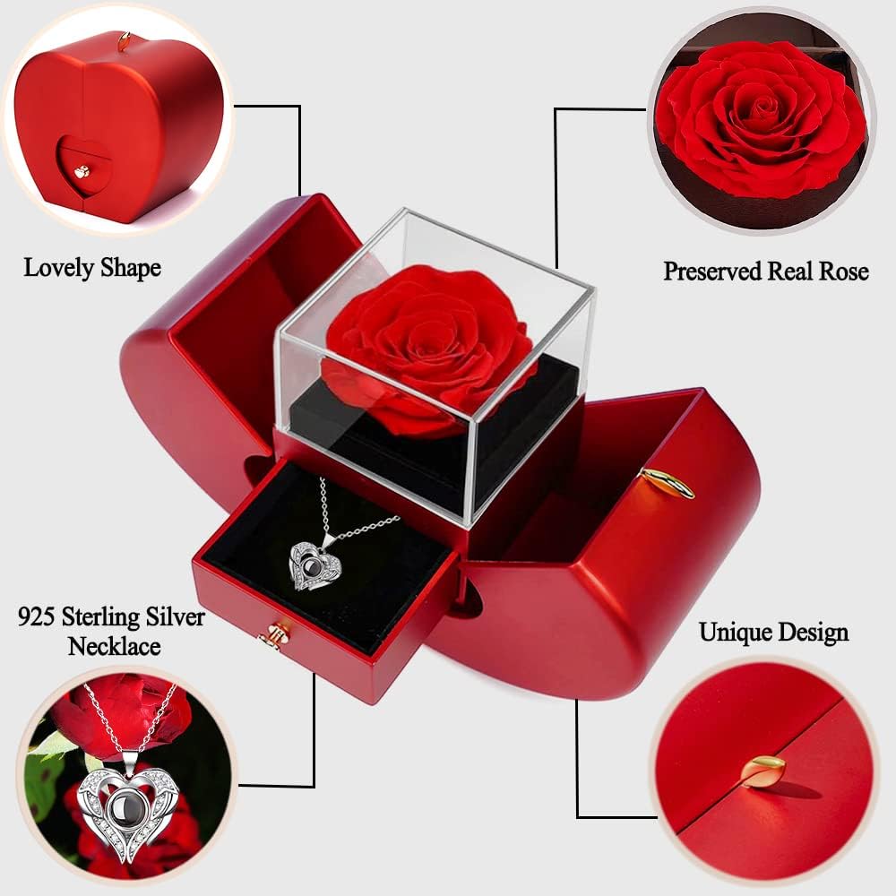 Preserved real rose with "I love you" necklace in 100 languages, romantic gift for girlfriend by Moshen