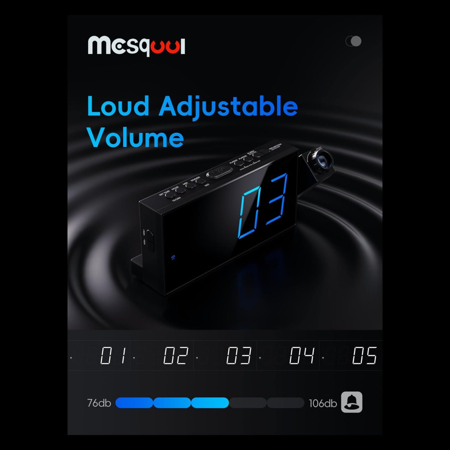 Mesqool digital projection alarm clock with large LED display and 180° rotatable projector for bedroom use.