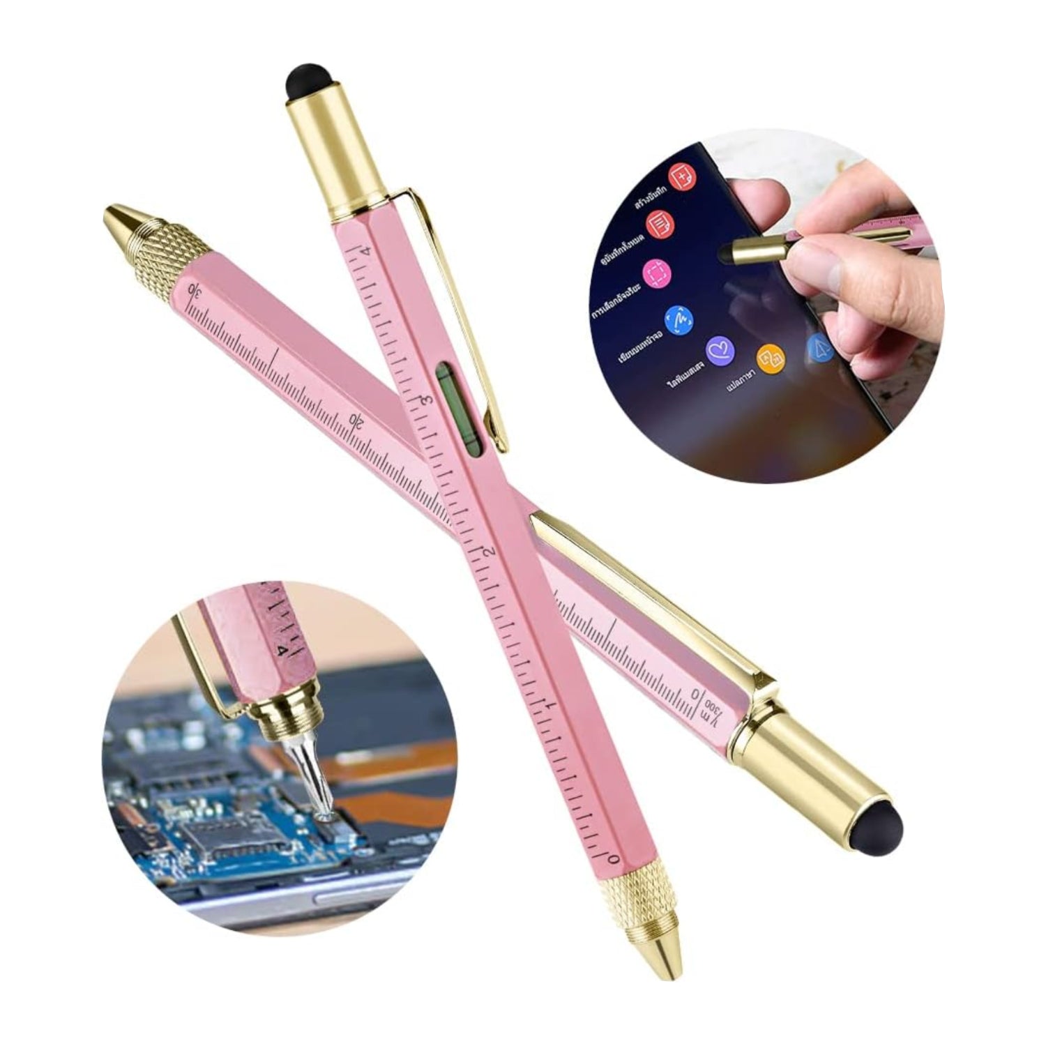 Pink and gold pen with ruler feature, used for electronic work.