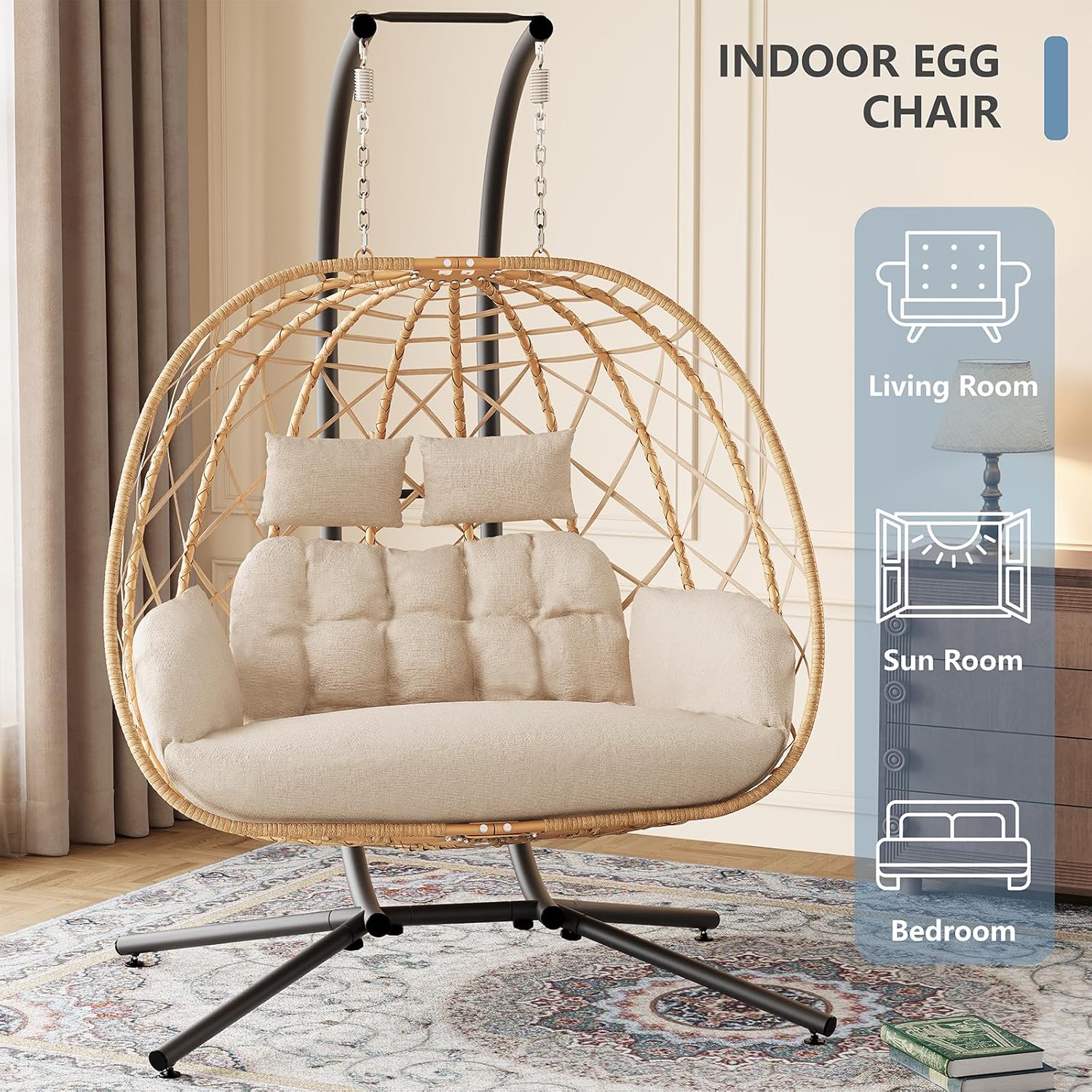 SWITTE double egg swing chair with stand, outdoor/indoor hammock for two, featuring cushioned seats and sturdy metal frame.