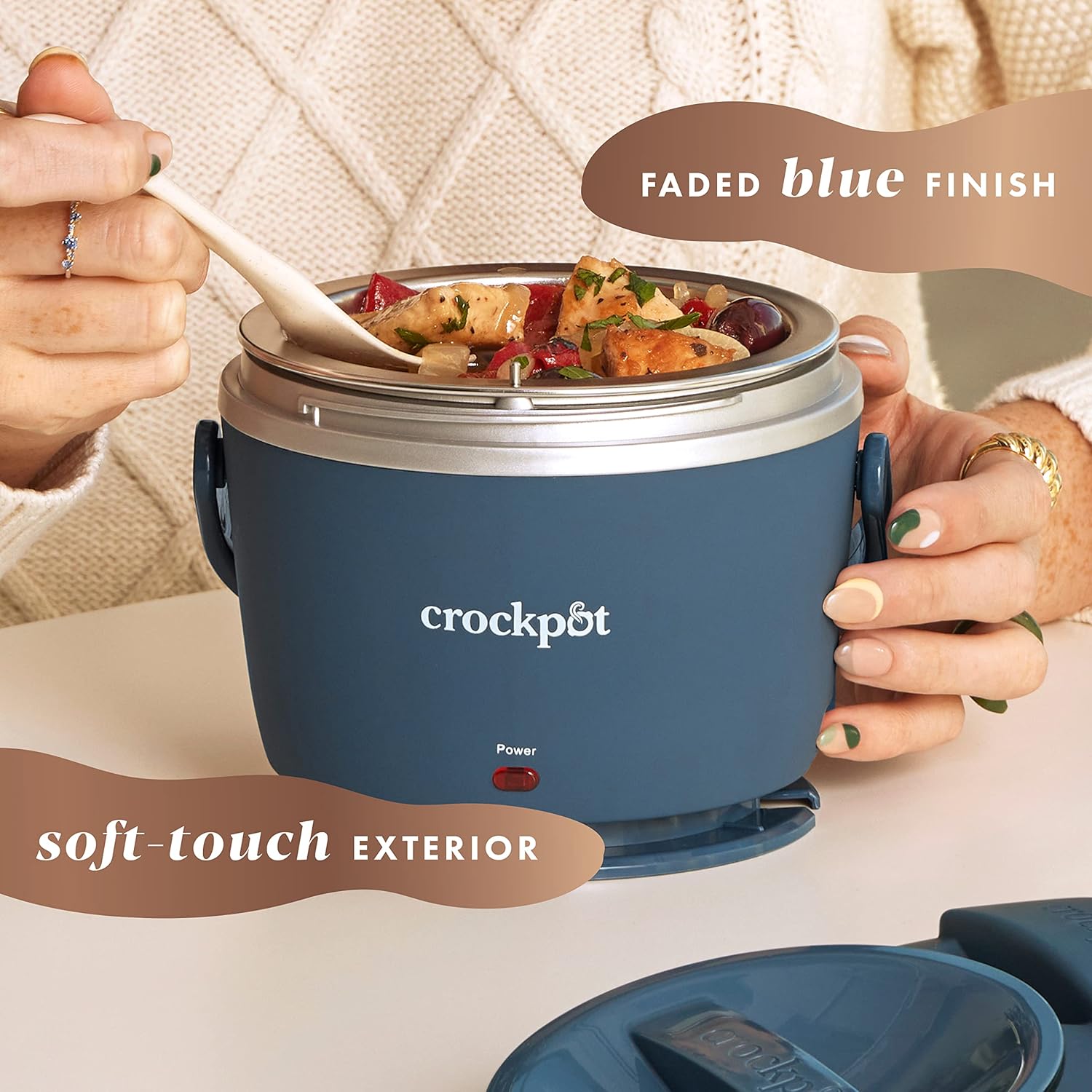 Crock-Pot 20-ounce electric lunch box in faded blue with portable food warmer and secure lid for on-the-go meals.