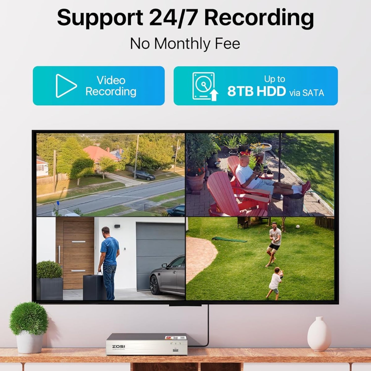 ZOSI 3K Lite security camera system with indoor/outdoor design, AI human and vehicle detection, and night vision capabilities
