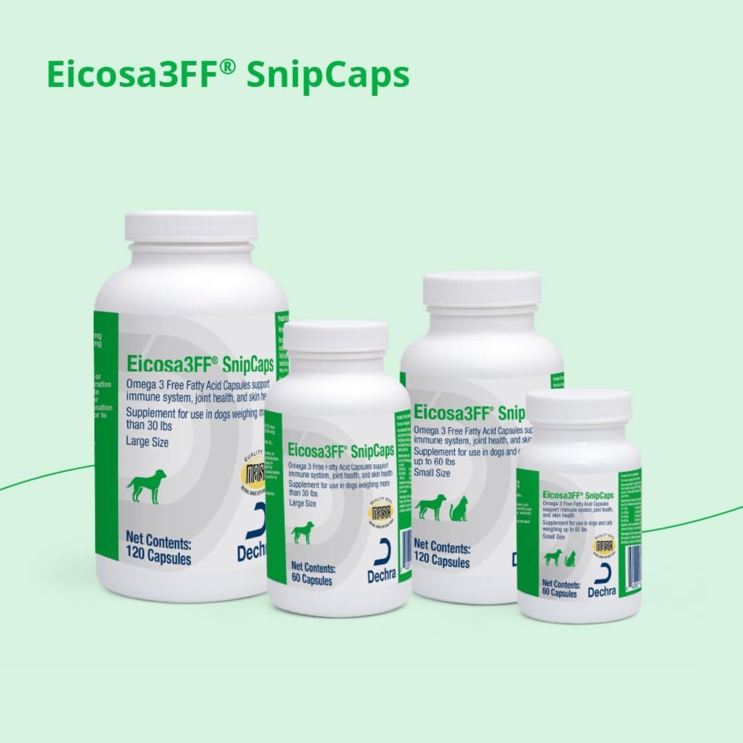 Eicosa3FF SnipCaps Omega 3 free fatty acid capsules for dogs, large bottle with 60 softgel capsules on a white background.