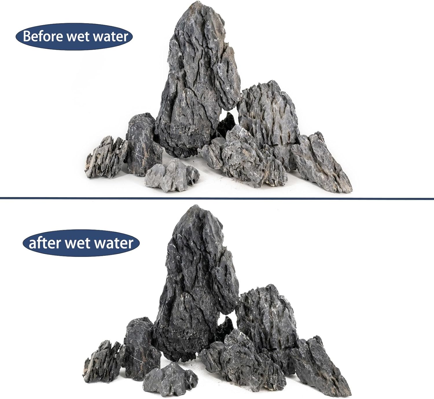 Natural Seiryu stones from ChaoLeHo, aquascaping rocks ideal for aquariums, showcasing textured, blue-gray stones for aquatic landscapes.