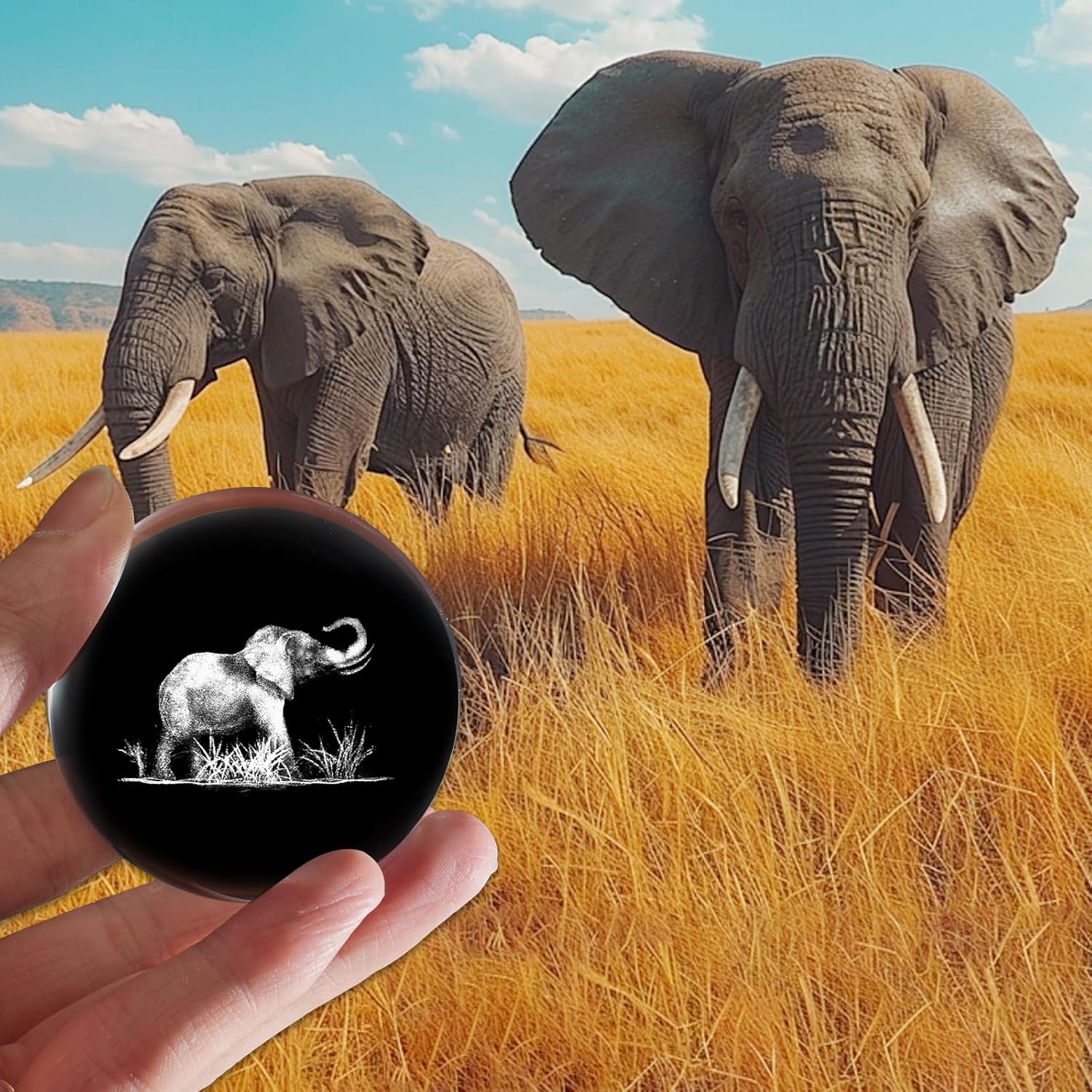 Lase engraved glass elephant crystal ball with stand, decorative paperweight featuring detailed 3D elephant design by PYJ3DLAMP.