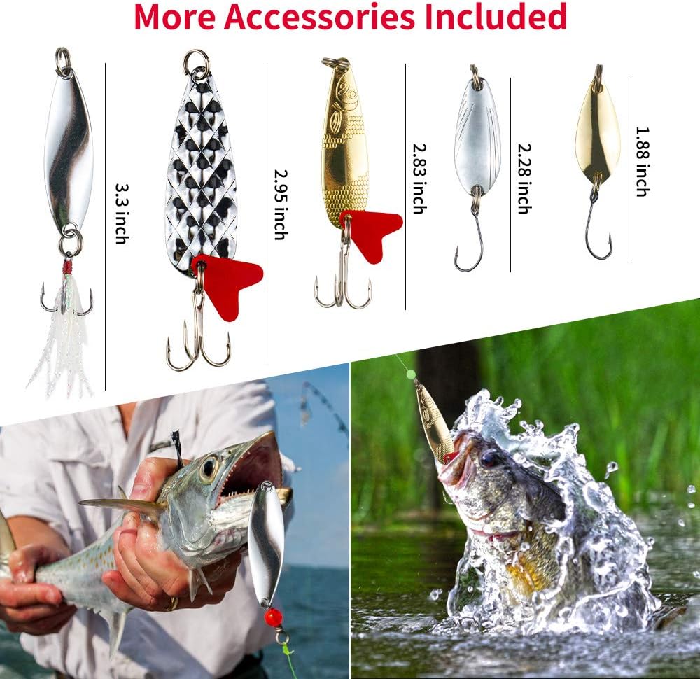 GOANDO fishing lures kit with various freshwater bait and tackle accessories for bass, trout, and salmon fishing.