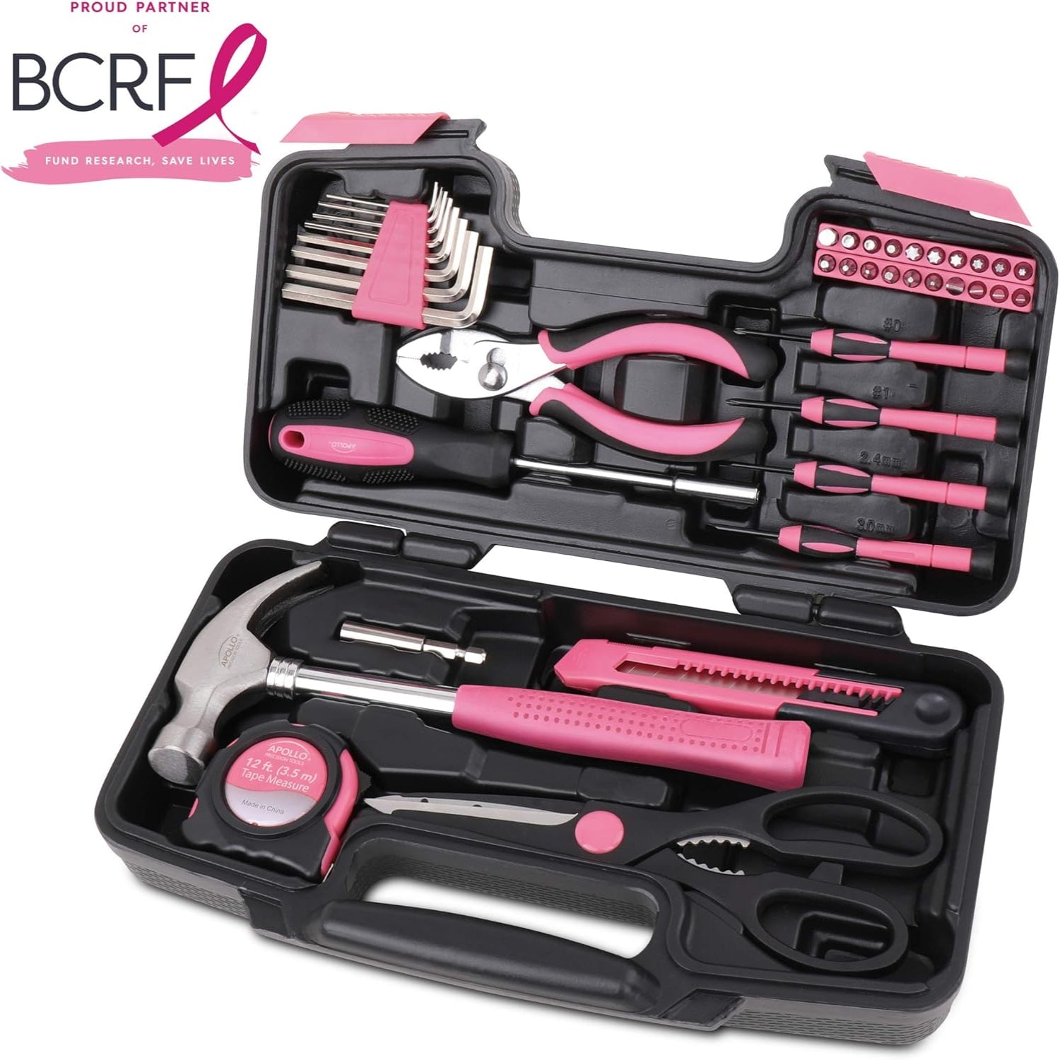 Apollo Tools 39-piece general household tool set in a compact toolbox with pliers, screwdrivers, and wrenches arranged inside.