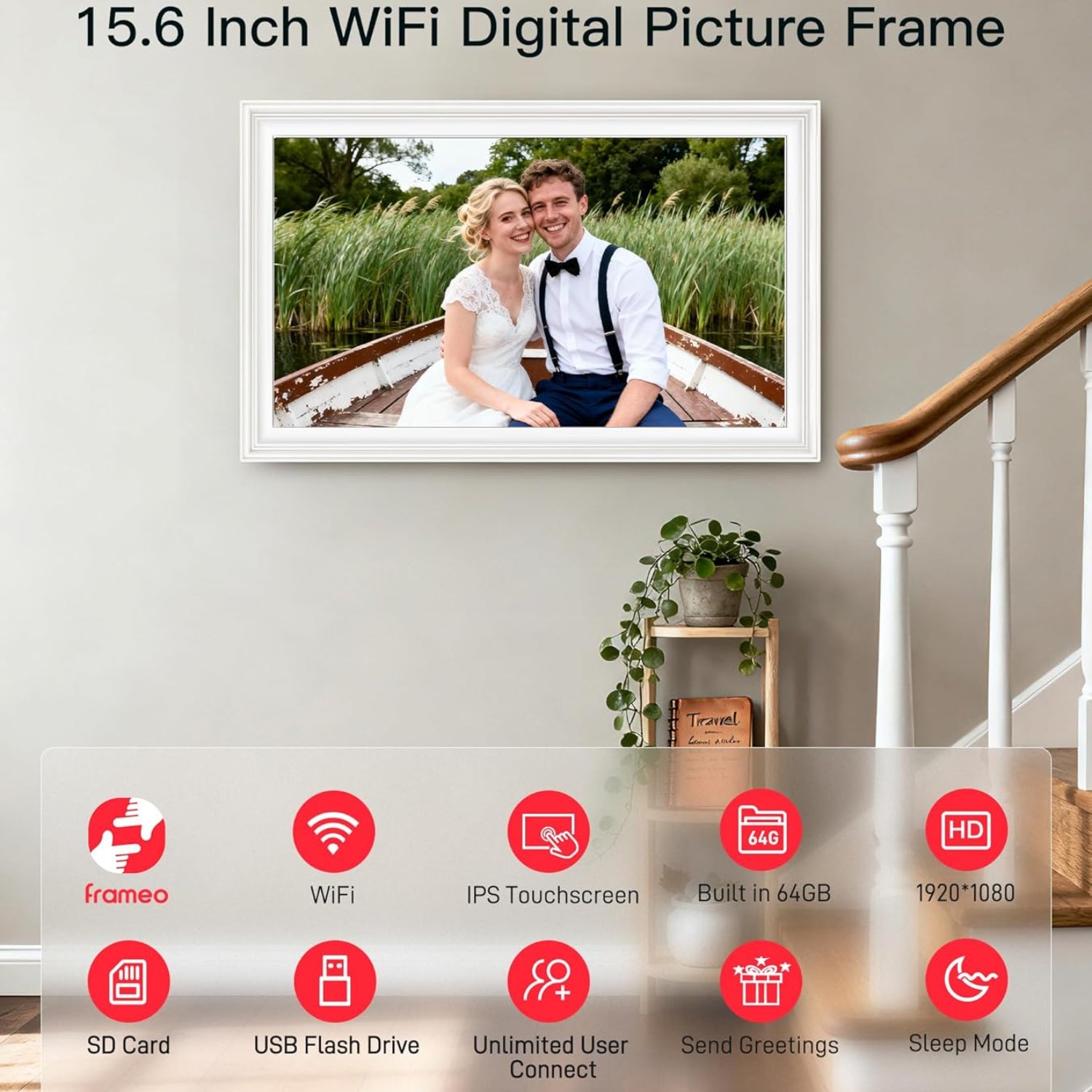 BIGASUO 15.6-inch digital picture frame with WiFi, Frameo interface, 64GB storage, displaying photos in a modern home setting.