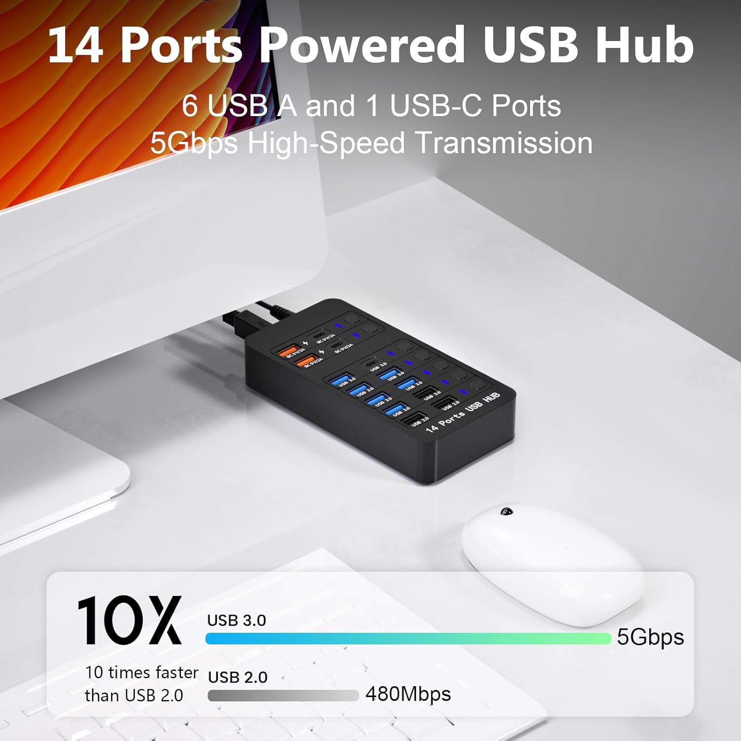 Zeroffi 14-port powered USB hub with high-speed data transfer, perfect for expanding USB connectivity on computers and devices.