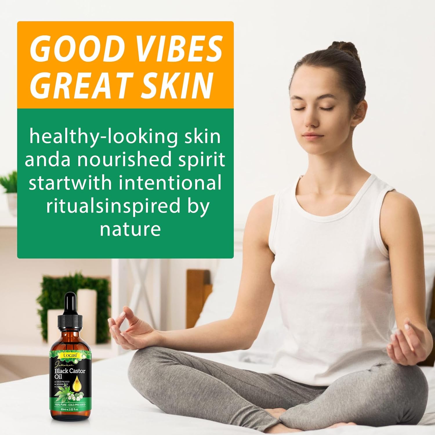 Uocasi Jamaican Black Castor Oil in a glass bottle, showing the dark, rich liquid, 100% pure and organic, cold pressed for hair and skin care