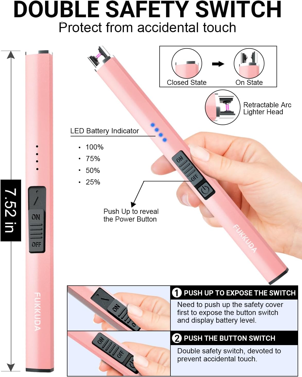 FUKKUDA electric candle lighter with safety switch, USB rechargeable windproof design, shown with lit candle and sleek black handle.