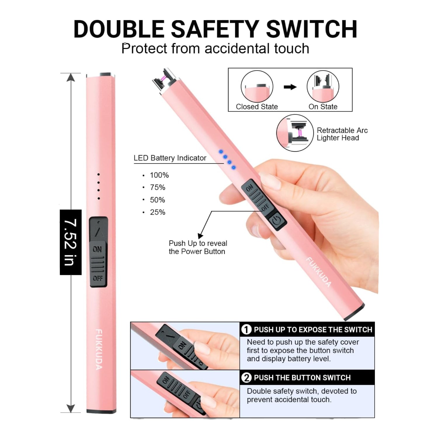 FUKKUDA electric candle lighter with safety switch, USB rechargeable windproof design, shown with lit candle and sleek black handle.