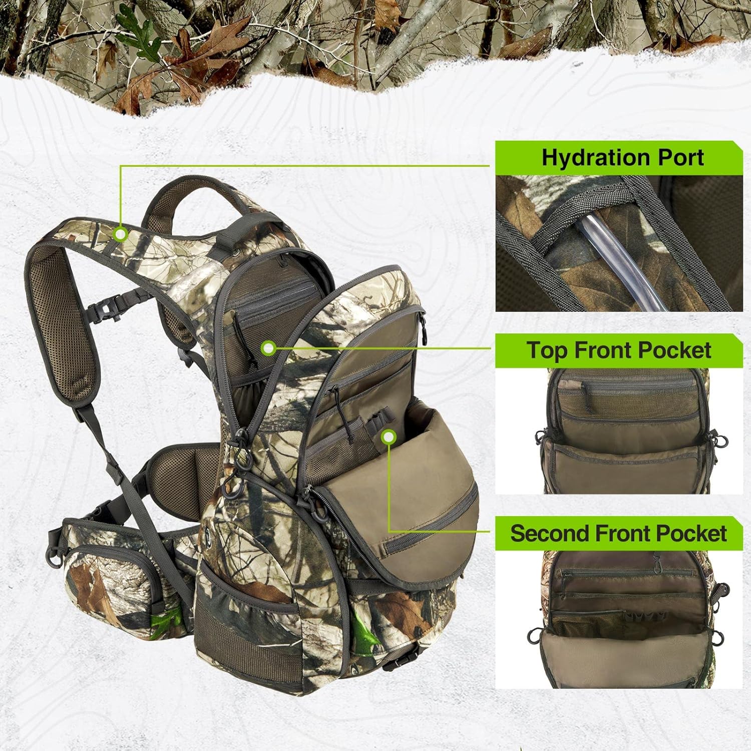 TIDEWE waterproof camo hunting backpack with multiple compartments and rain cover, designed for outdoor hunting adventures.