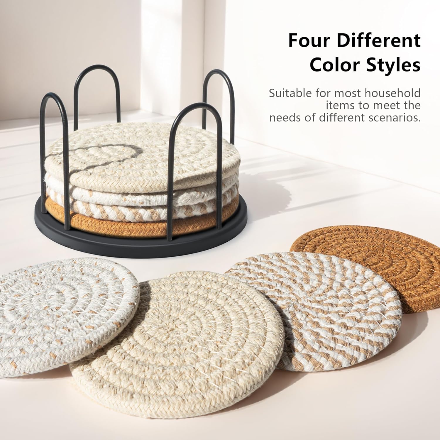 Set of 8 cotton woven absorbent coasters in four colors for drinks, beer, and coffee from Lazebox.