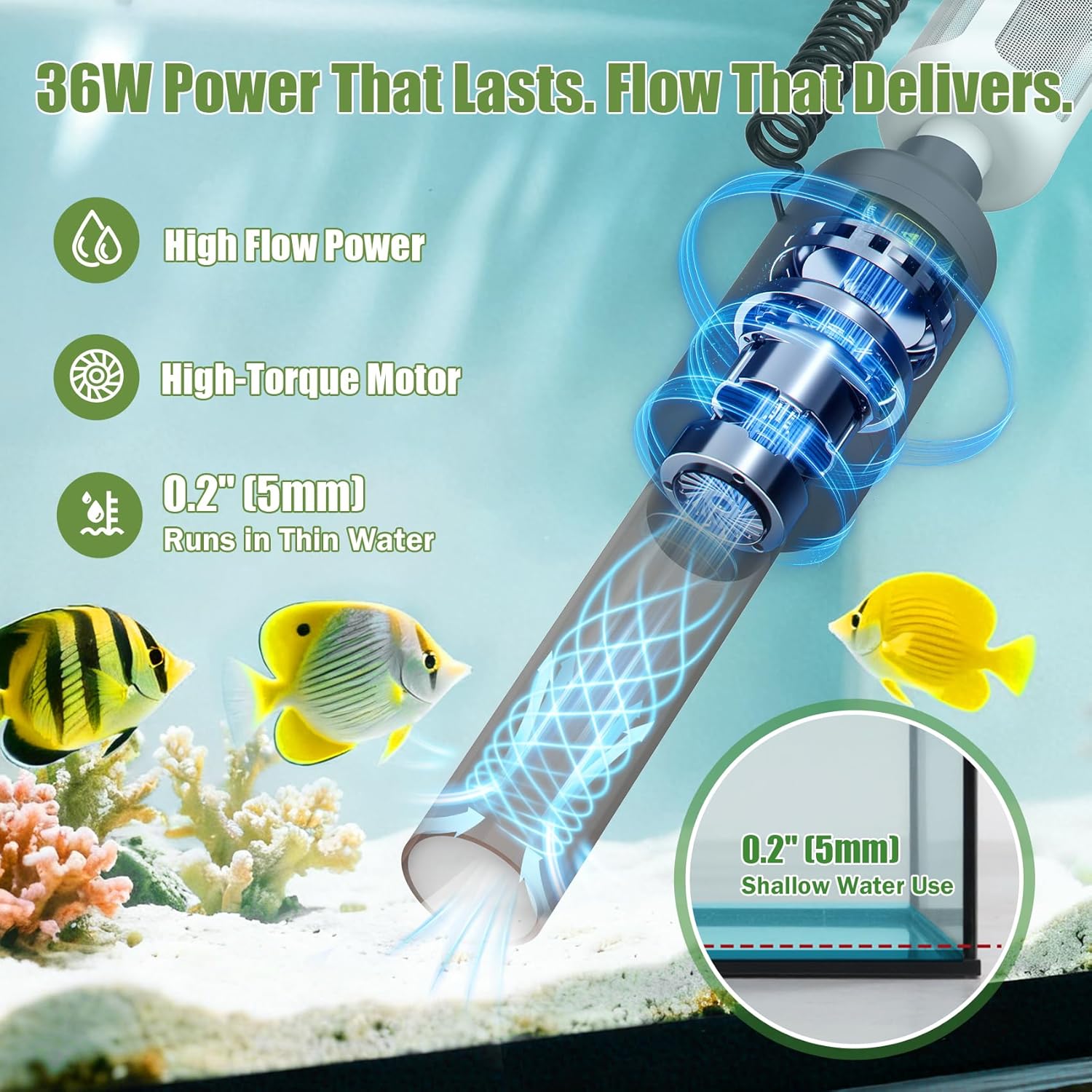 HACPUT 6-in-1 cordless aquarium gravel cleaner vacuum for fish tanks, electric fish tank cleaner with multiple functions.