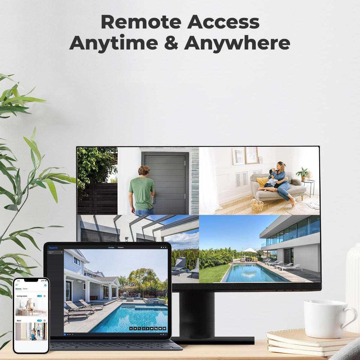 REOLINK 5MP PoE security camera for outdoor and indoor surveillance, showing weather-resistant design and lens focusing on a person.