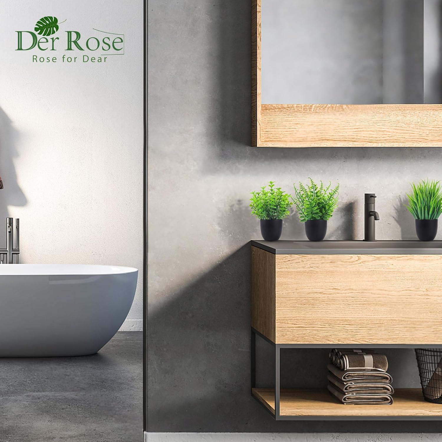 Modern bathroom with wooden vanity, gray bathtub, and decorative plants. 'Der Rose' brand logo visible.