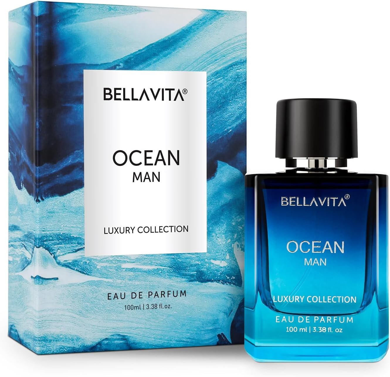 BellaVita Luxury Ocean Eau de Perfume for Men, 100ml, featuring fresh aquatic notes, bergamot, orchid, and jasmine.