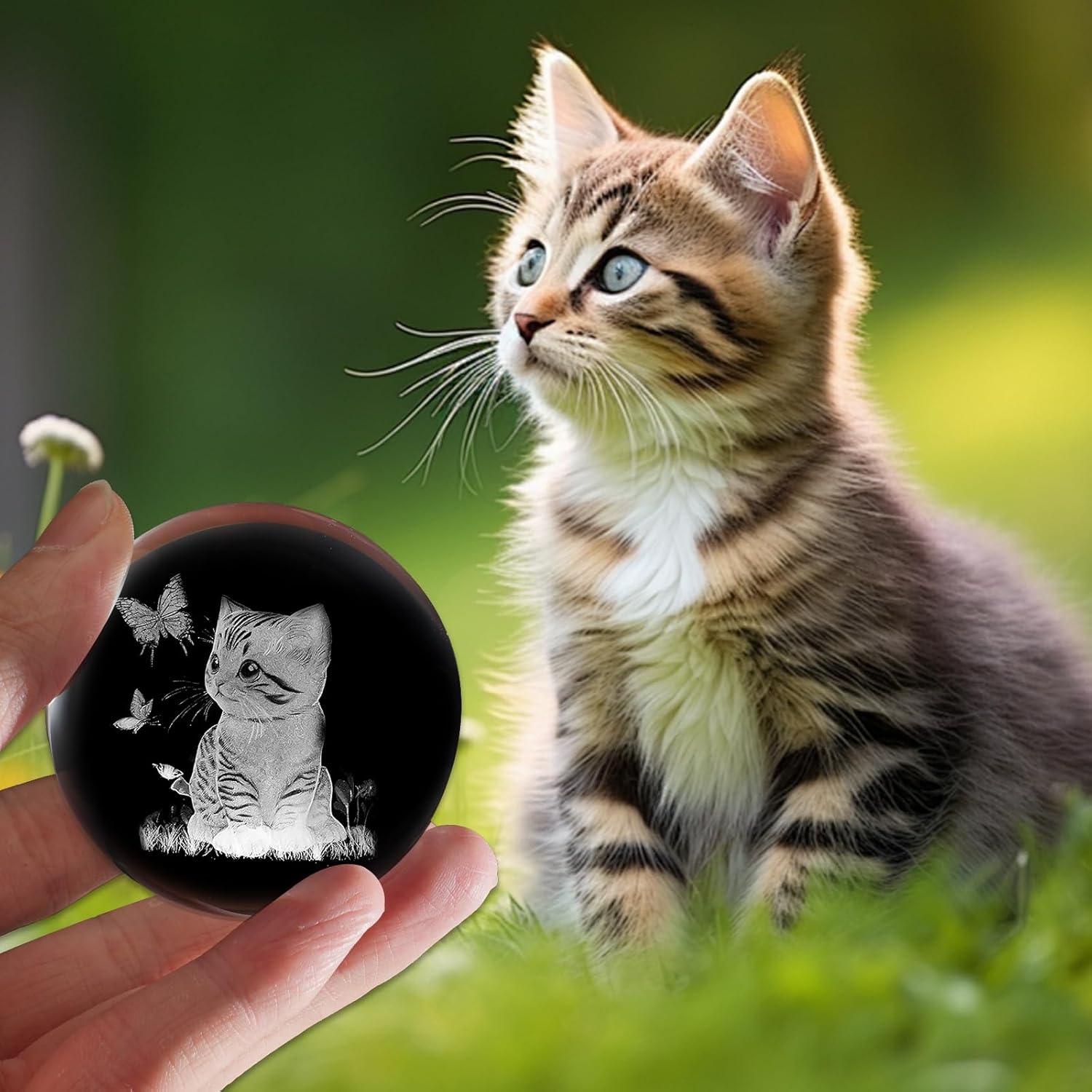 3D cat crystal ball with stand, laser-engraved glass paperweight featuring a detailed feline design for cat decor.