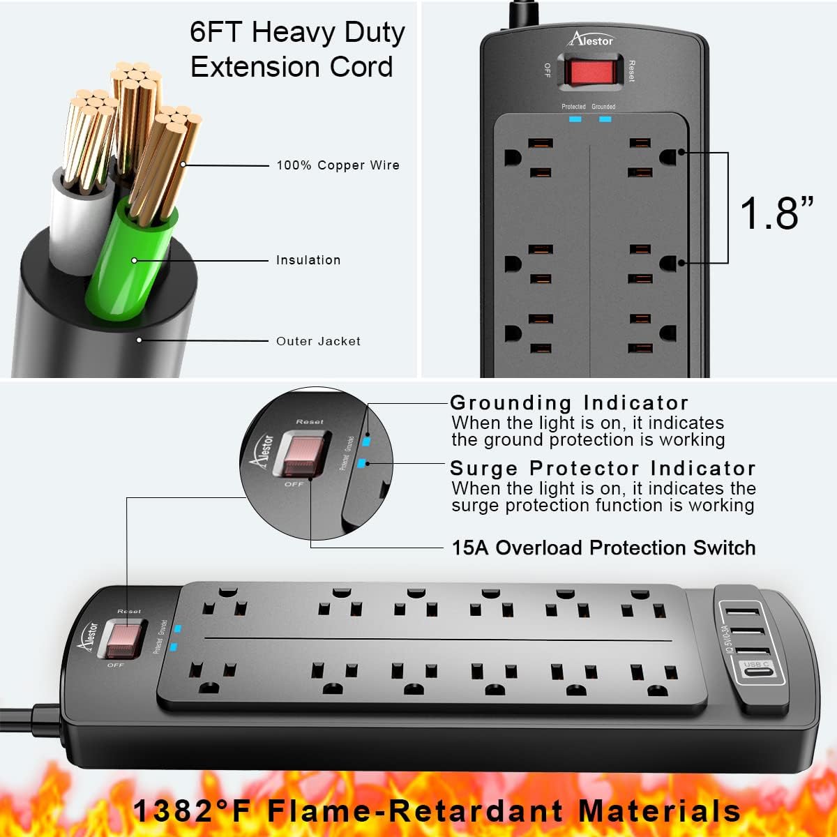 Power Strip, ALESTOR Surge Protector with 12 Outlets and 4 USB Ports, 6 Feet