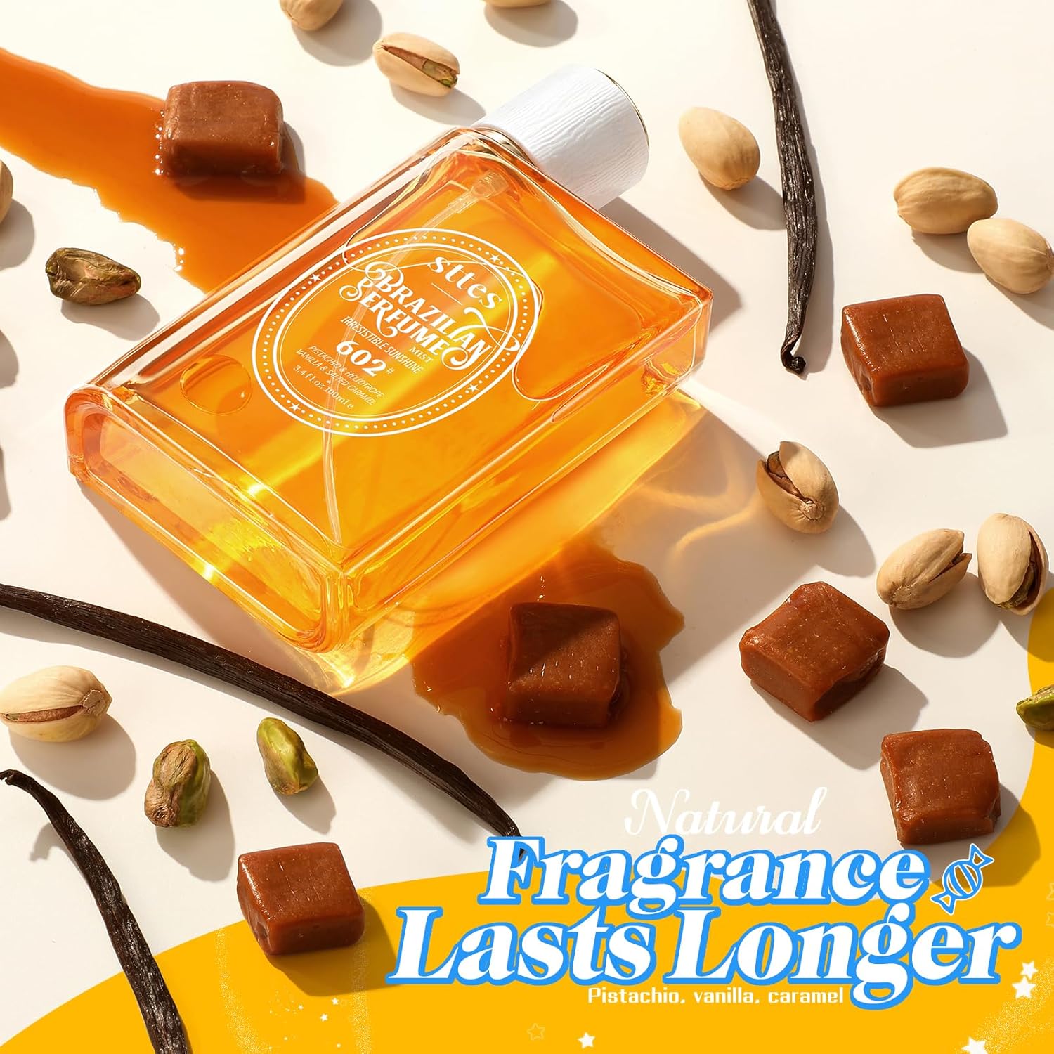 Sttes Perfume 602# Irresistible Sunshine for Women, featuring pistachio, vanilla, and salted caramel scent notes.