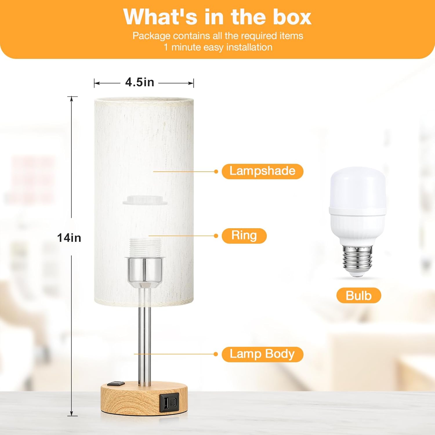 Fenmzee bedside table lamp with touch control, 3-way dimmable light, USB-C port for bedroom use, modern and sleek design