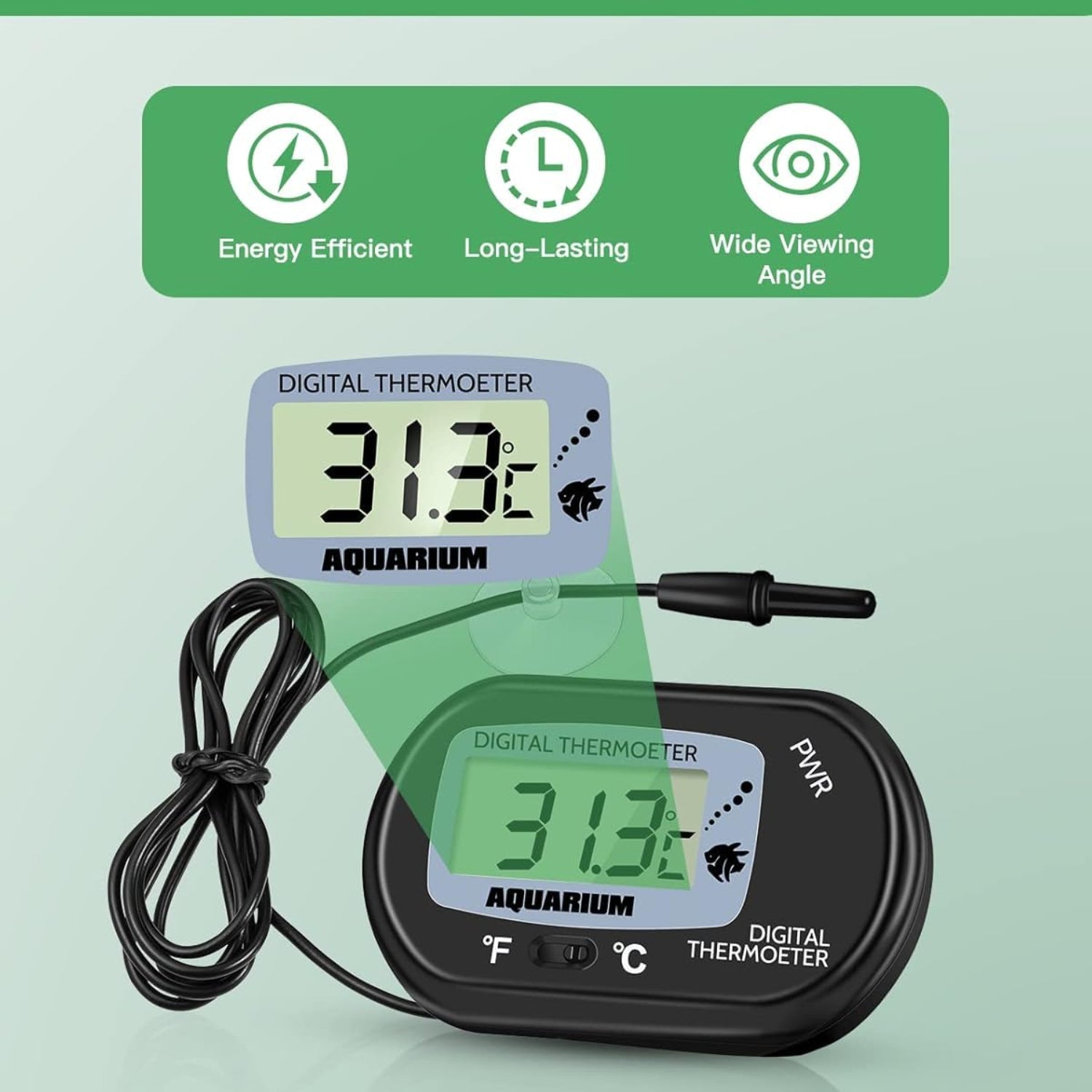 Zacro Petbank LCD digital aquarium thermometer showing water temperature display inside fish tank or terrarium