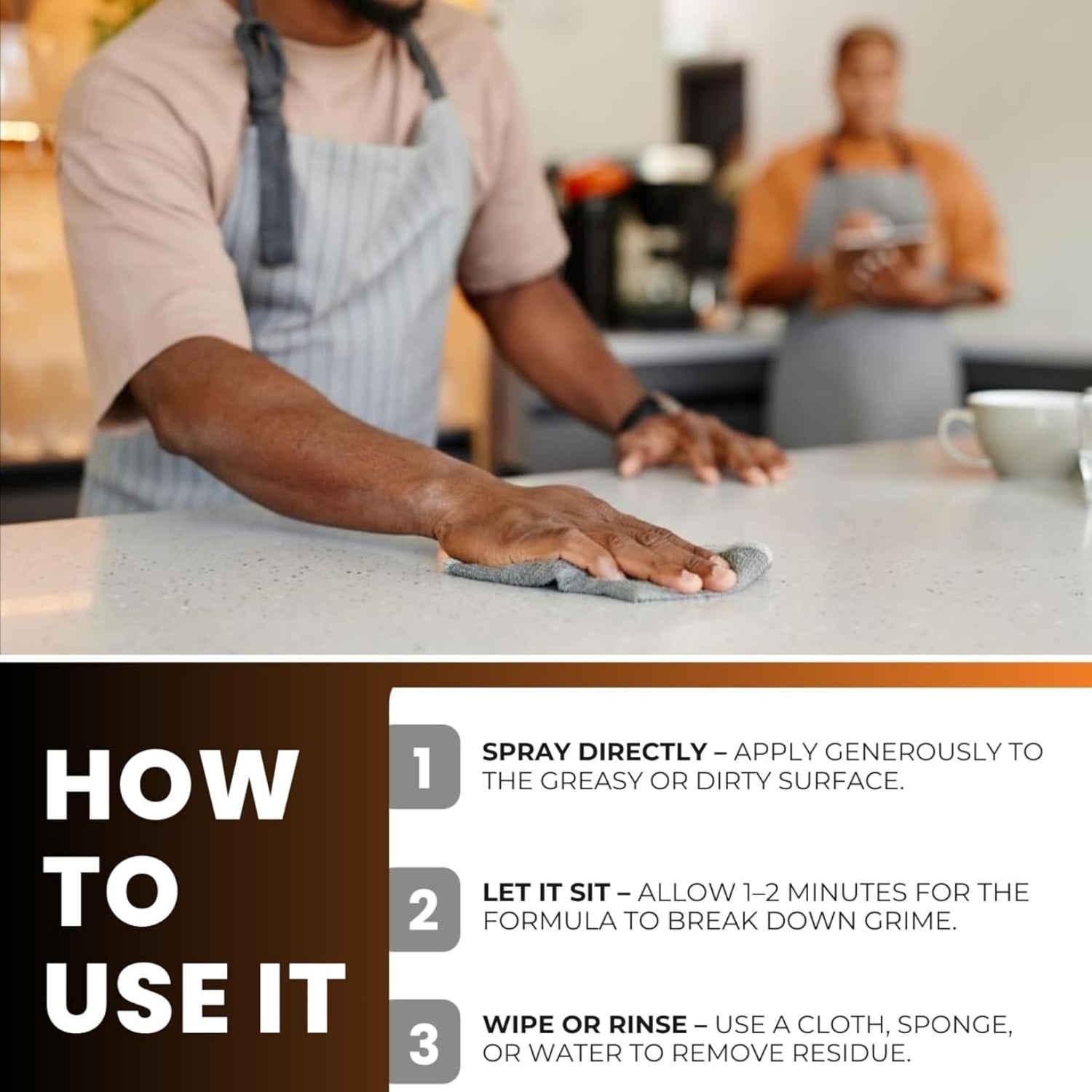 Person cleaning a countertop with text on how to use a cleaning product.