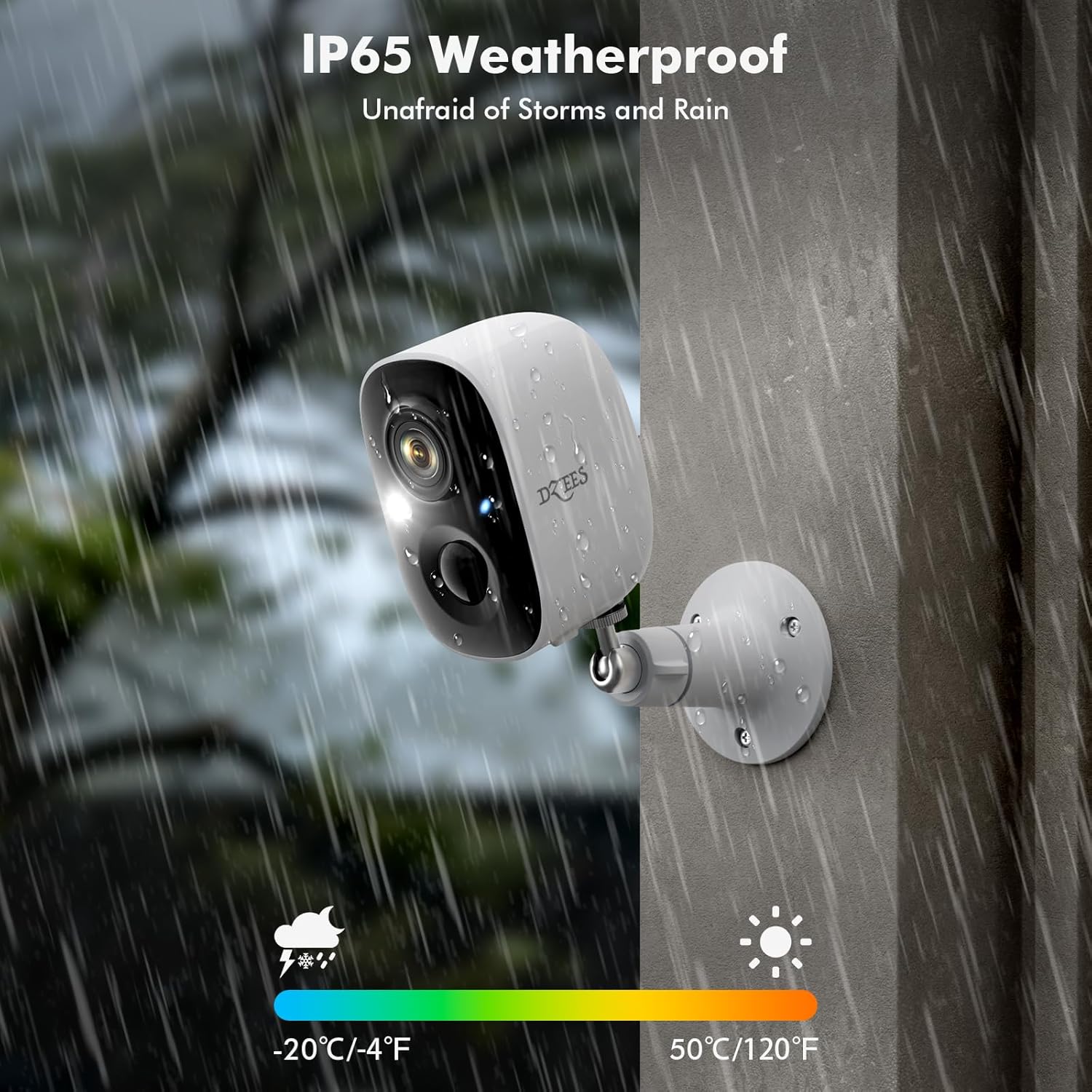 Wireless Dzees outdoor camera with 2K resolution, battery-powered WiFi surveillance camera for home security.