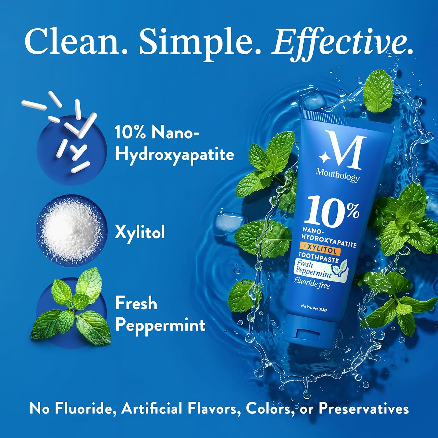 Mouthology 10% Nano Hydroxyapatite fluoride-free toothpaste in a white tube with blue accents, displayed on a plain background.