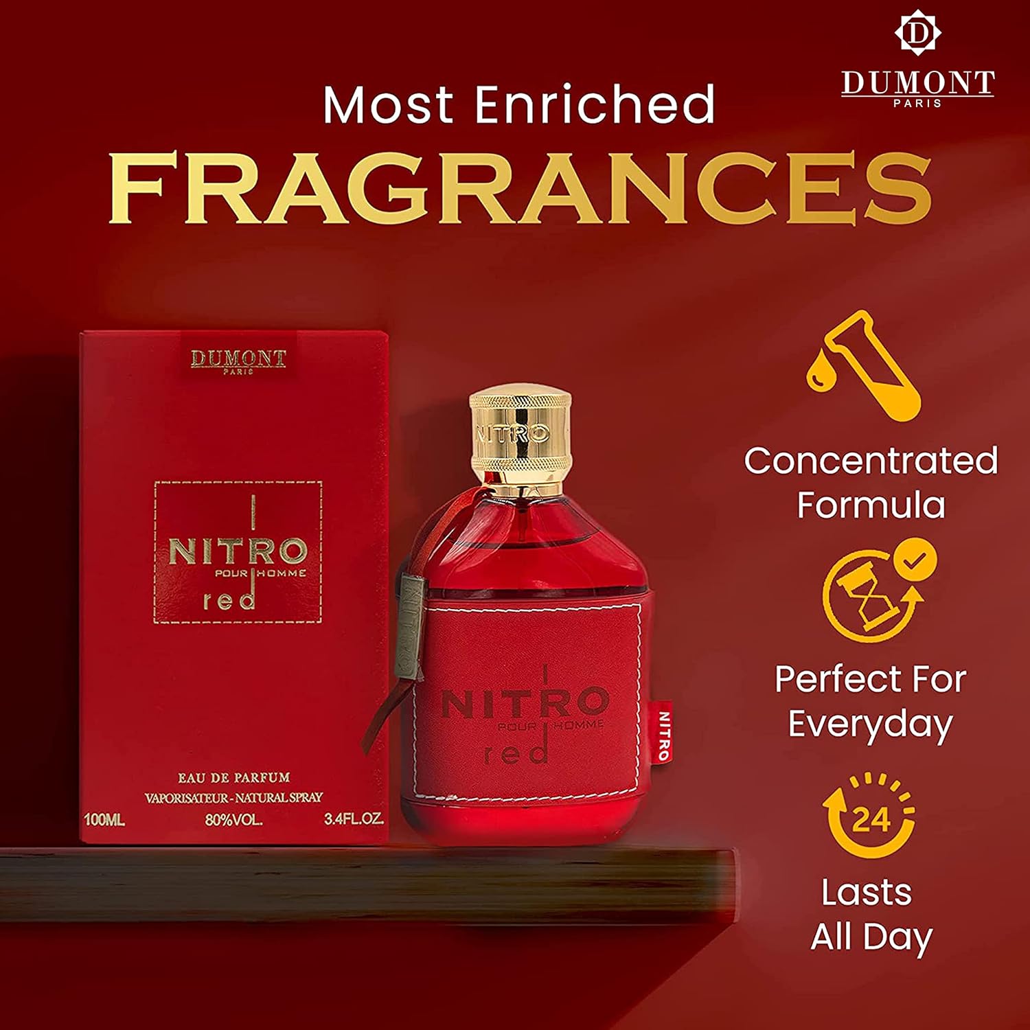 Dumont NITRO RED Eau De Parfum for men, 3.4oz, luxury fragrance with fruity and woody notes, in a sleek bottle.