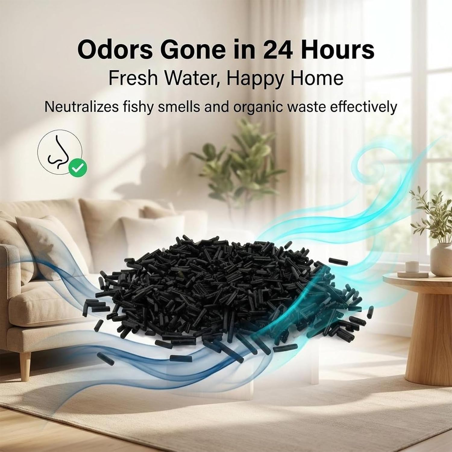 Sukh 310g acid-free activated carbon pellets for filtration, bulk activated charcoal in a clear bag showing black porous pellets.