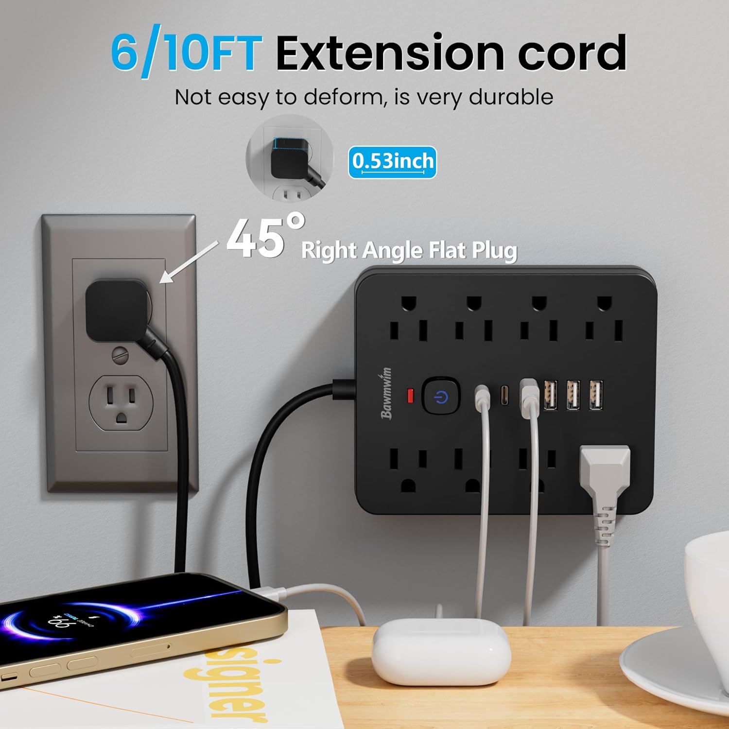 Surge Protector Power Strip, 8 Outlets(1250W/10A), 6 USB Charging Ports(2 USB C), 6FT