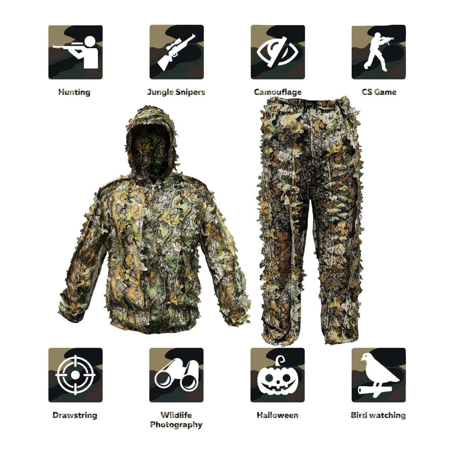 Upgrade Ghillie Suit Outdoor 3D Lifelike Super Lightweight Hooded Camouflage Fit tall 4.9-5.9ft