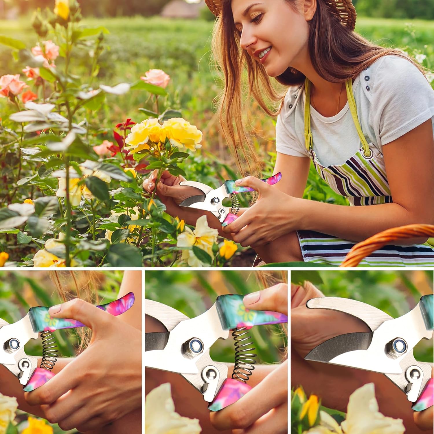 JUMPHIGH 10-piece garden tools set with floral print, ergonomic handles, including trowel, pruning shears, and cultivator in a garden setting