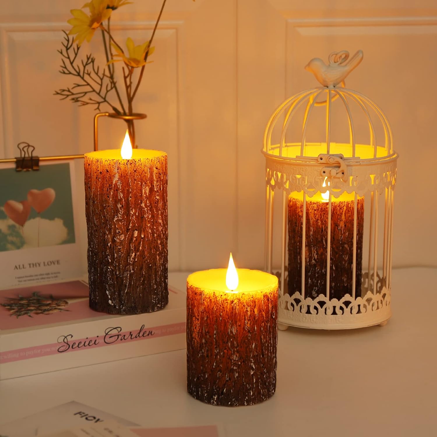 Battery-operated flameless pillar candles with pine effect, real wax finish, flickering LED 3D wick, by Enpornk.