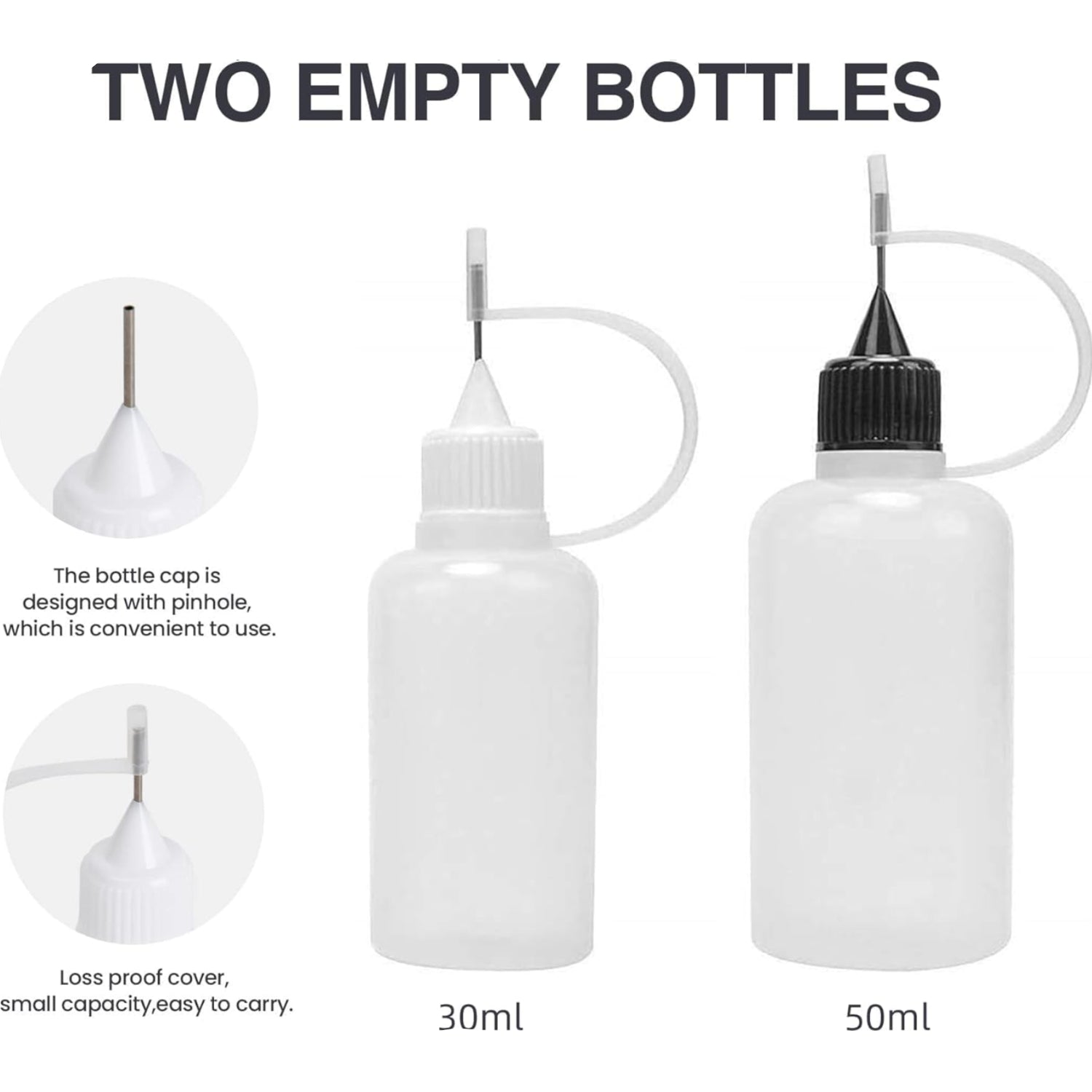 Two empty bottles with different capacities and bottle caps on a white background.
